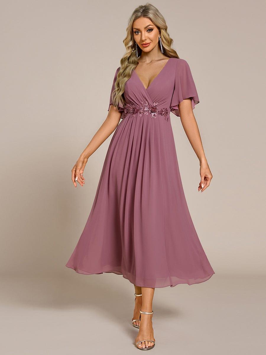 ever DAHLIA|V-Neck Chiffon Midi Wedding Guest Dress with Waist Applique(Final Sale)