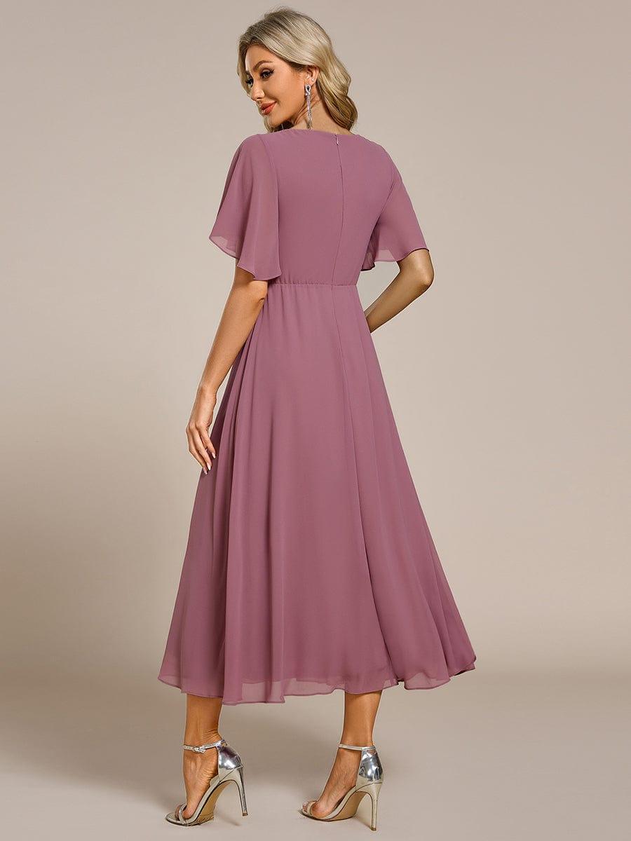 ever DAHLIA|V-Neck Chiffon Midi Wedding Guest Dress with Waist Applique(Final Sale)