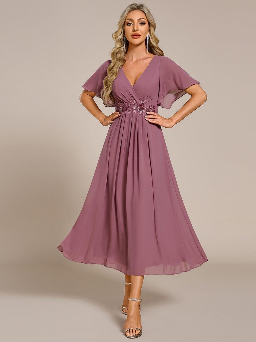 ever DAHLIA|V-Neck Chiffon Midi Wedding Guest Dress with Waist Applique(Final Sale)