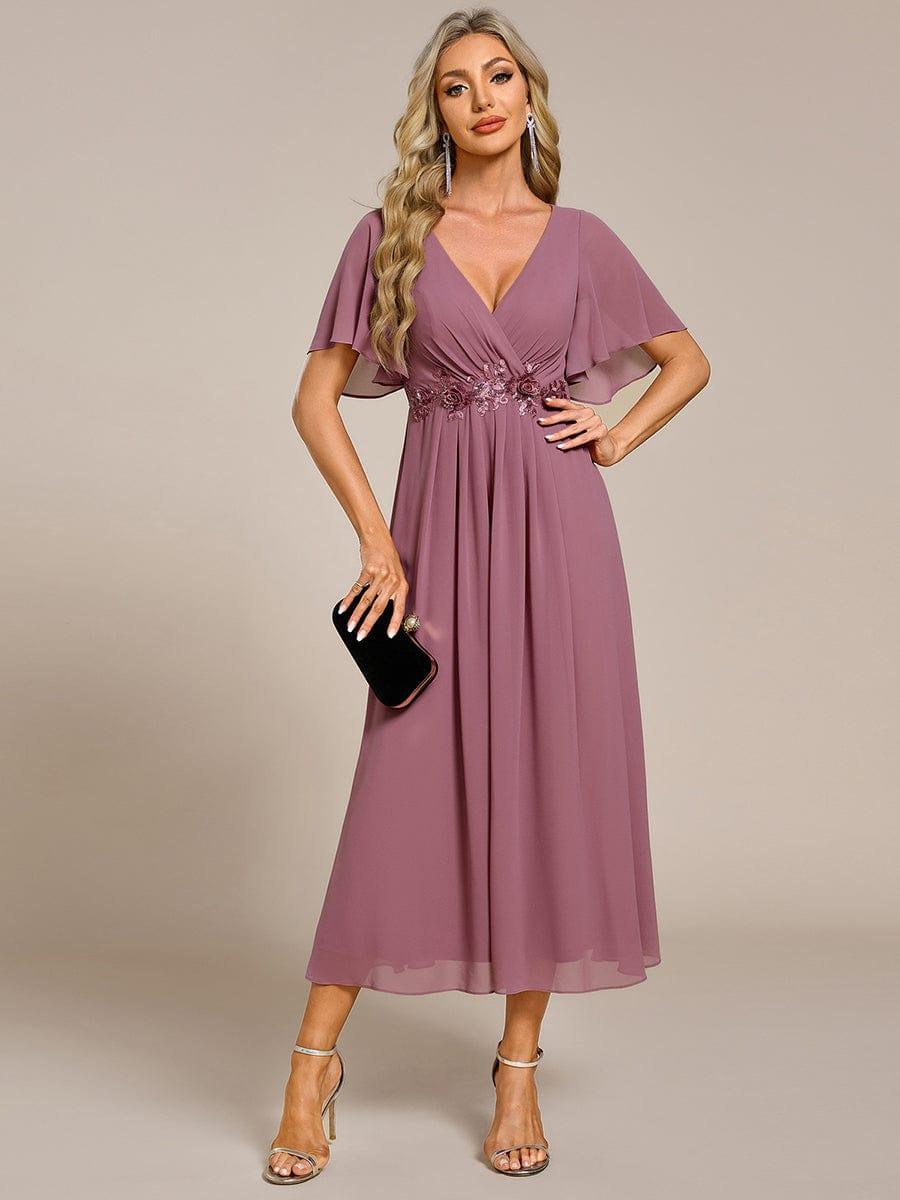 ever DAHLIA|V-Neck Chiffon Midi Wedding Guest Dress with Waist Applique(Final Sale)