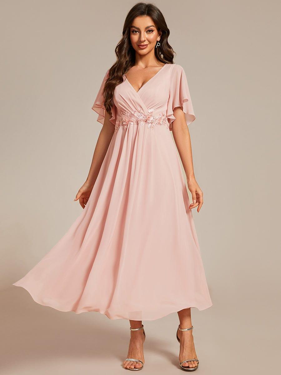 ever DAHLIA|V-Neck Chiffon Midi Wedding Guest Dress with Waist Applique(Final Sale)
