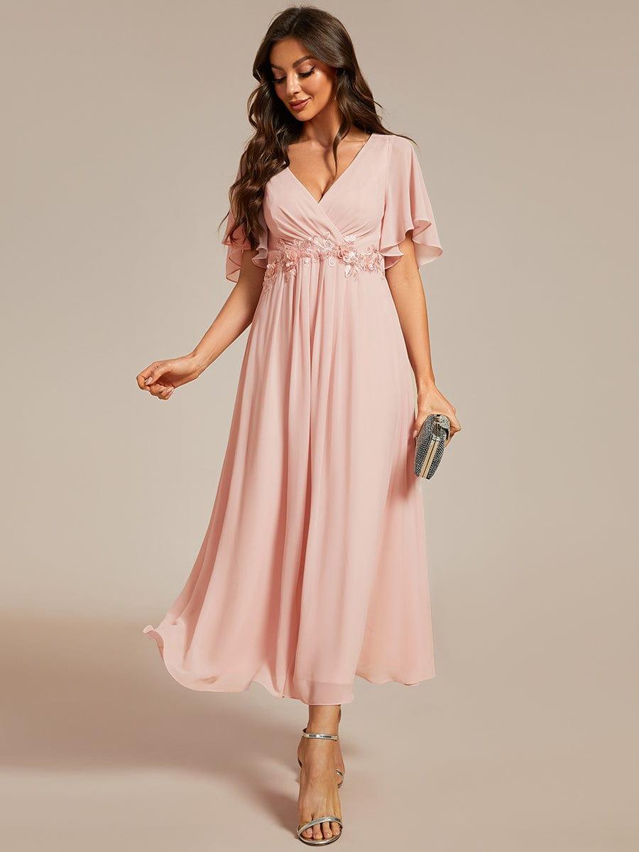 ever DAHLIA|V-Neck Chiffon Midi Wedding Guest Dress with Waist Applique(Final Sale)