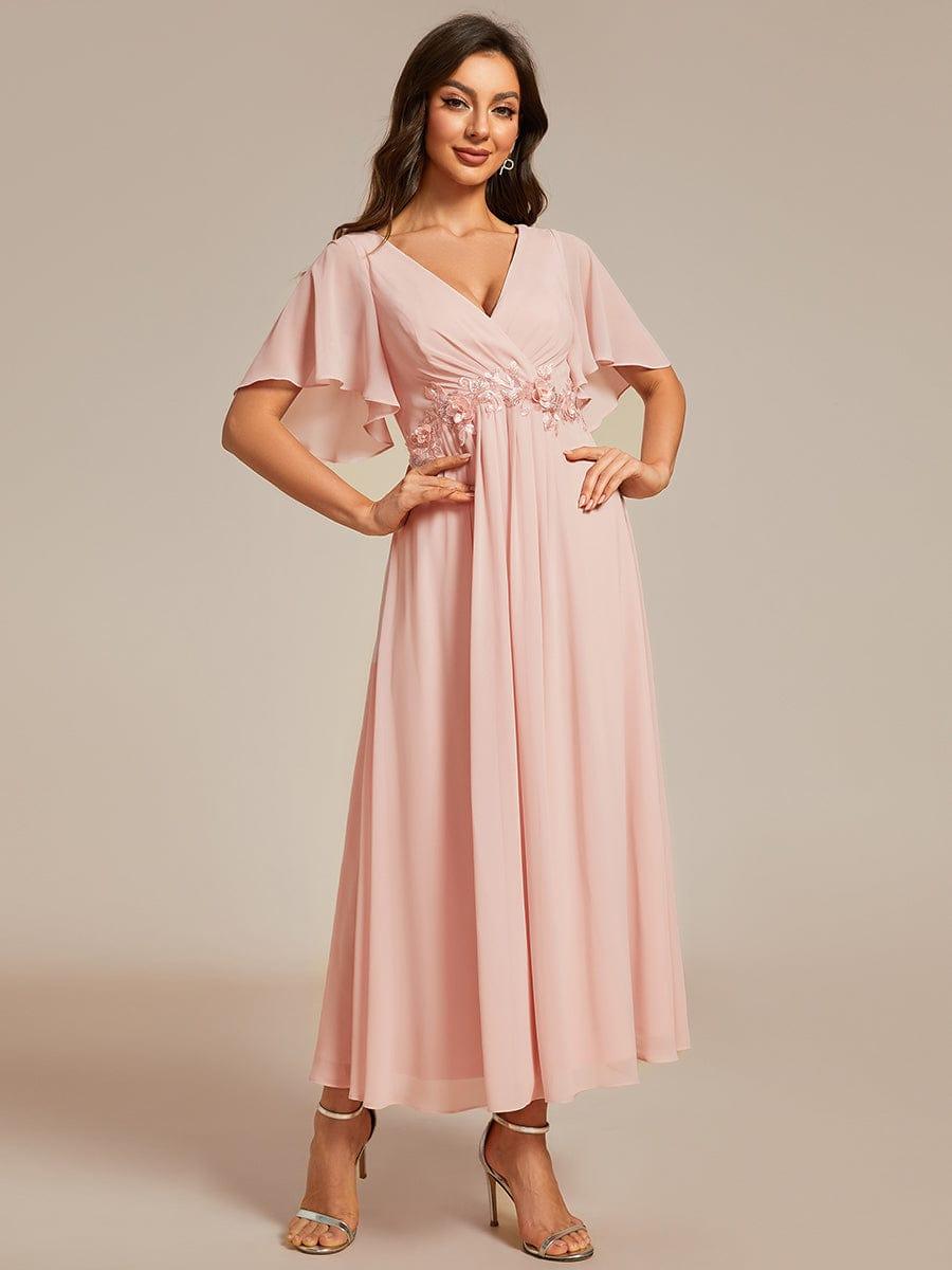 ever DAHLIA|V-Neck Chiffon Midi Wedding Guest Dress with Waist Applique(Final Sale)