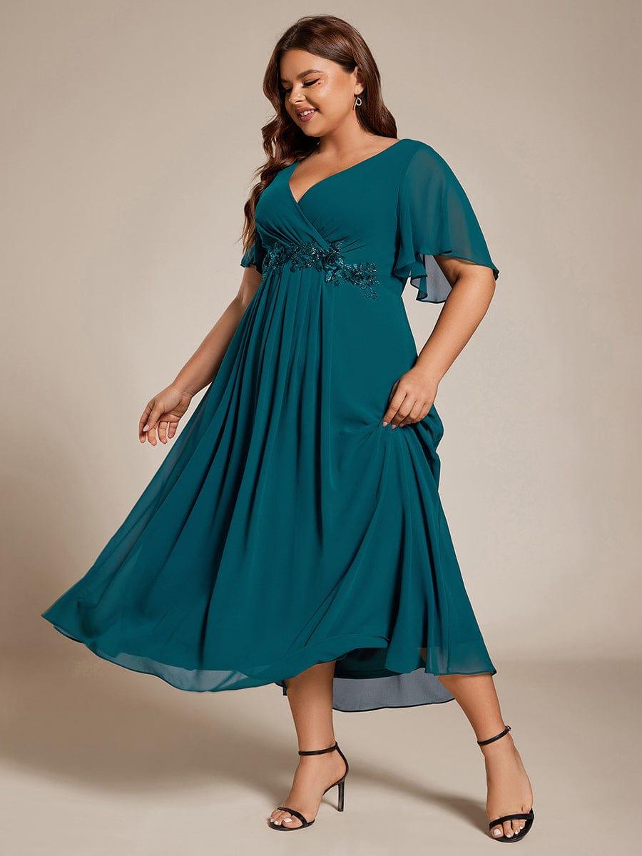 ever DAHLIA|V-Neck Chiffon Midi Wedding Guest Dress with Waist Applique(Final Sale)