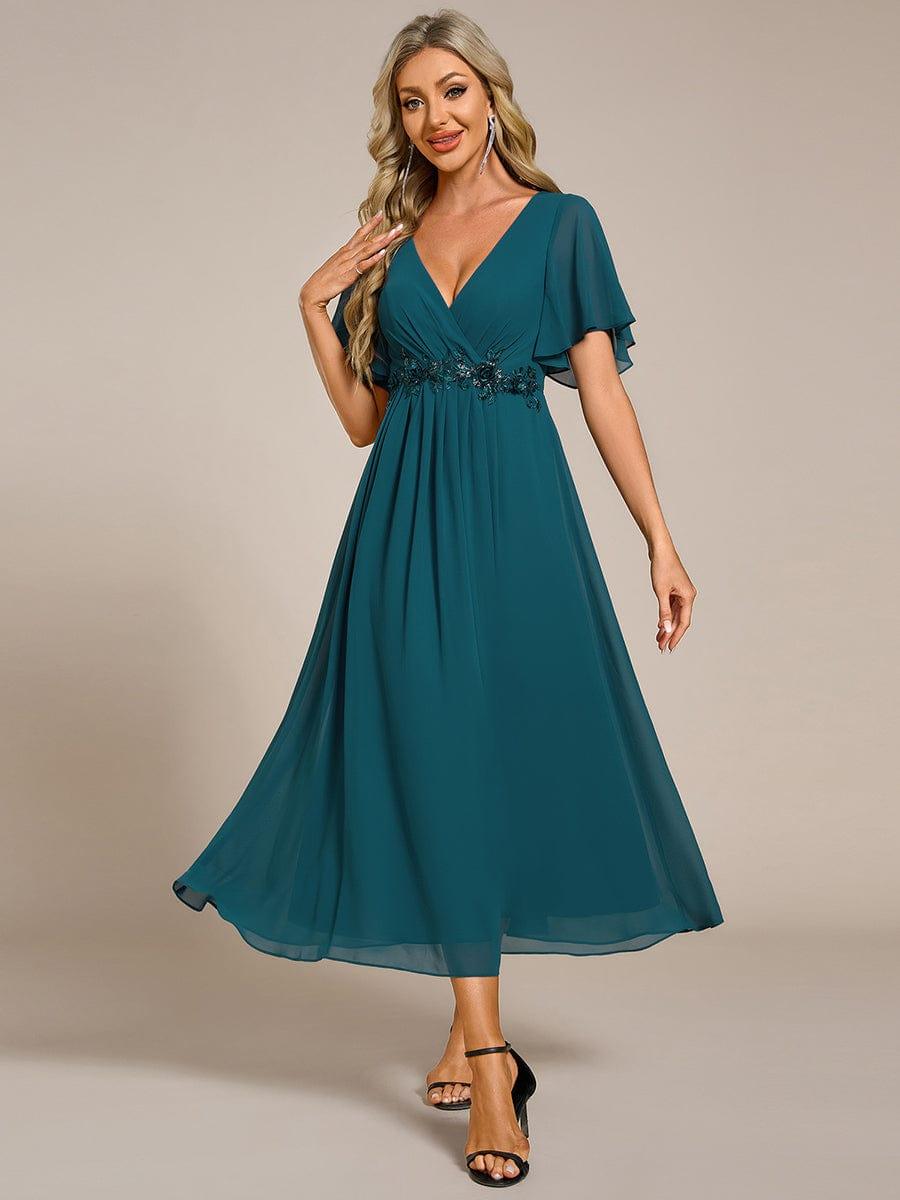 ever DAHLIA|V-Neck Chiffon Midi Wedding Guest Dress with Waist Applique(Final Sale)