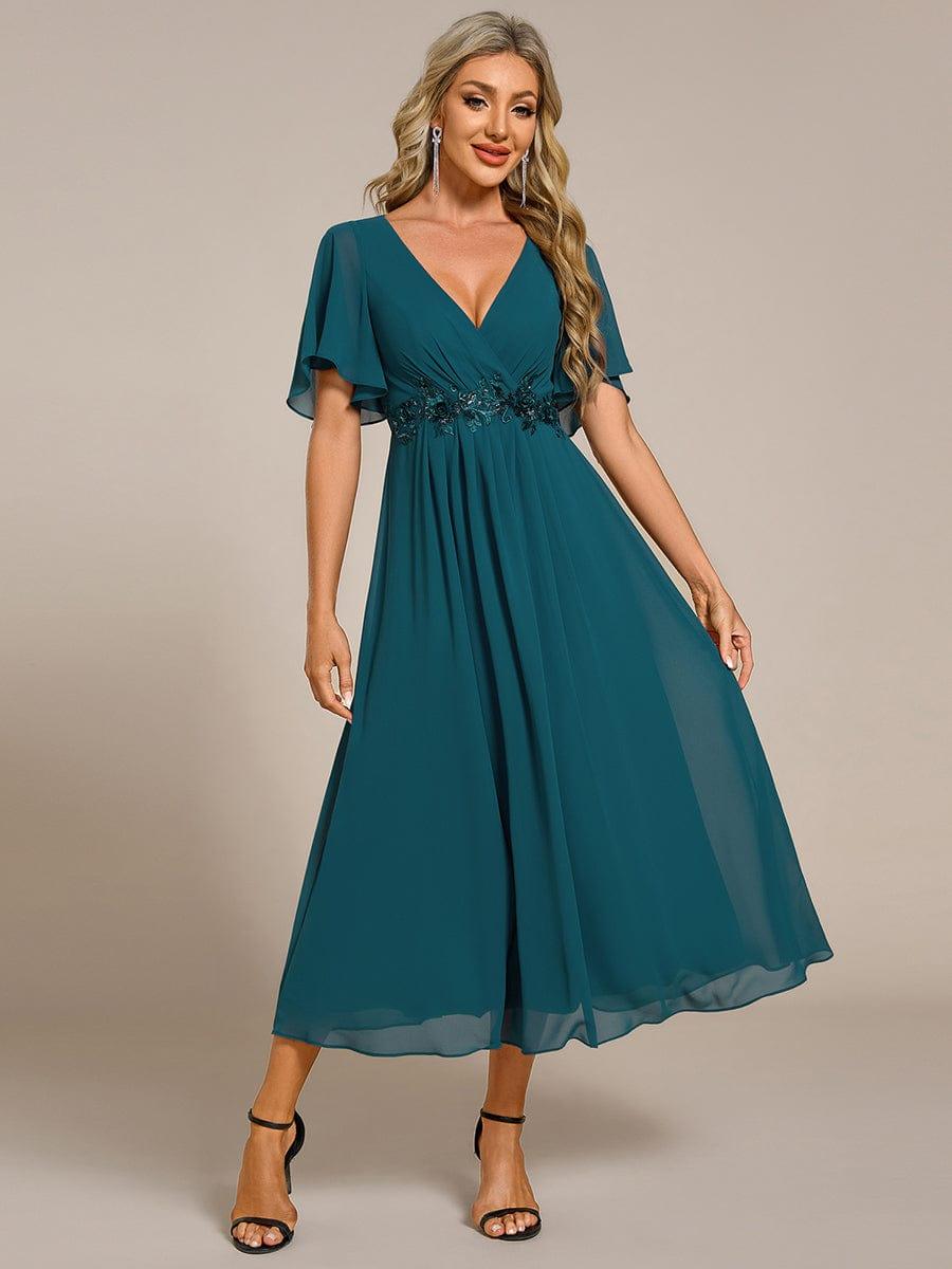 ever DAHLIA|V-Neck Chiffon Midi Wedding Guest Dress with Waist Applique(Final Sale)