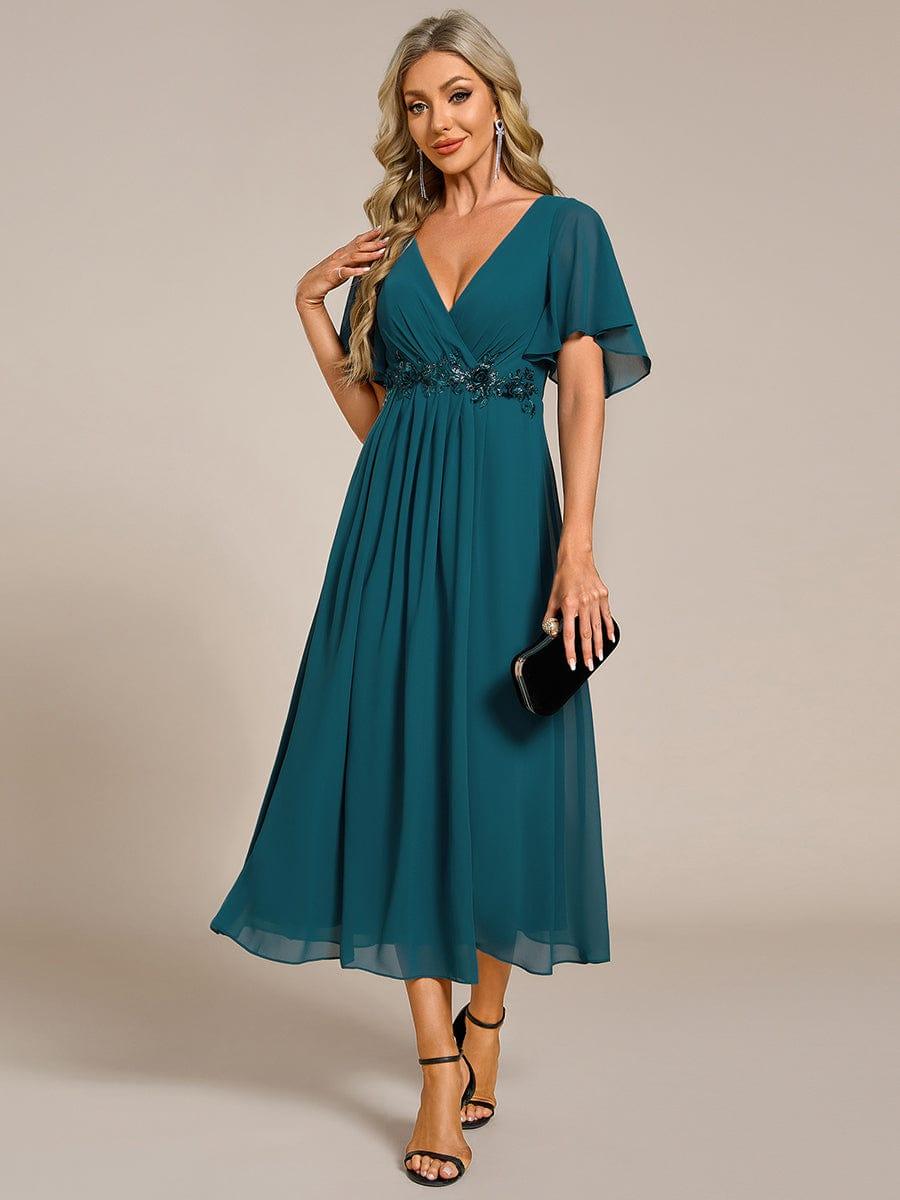 ever DAHLIA|V-Neck Chiffon Midi Wedding Guest Dress with Waist Applique(Final Sale)