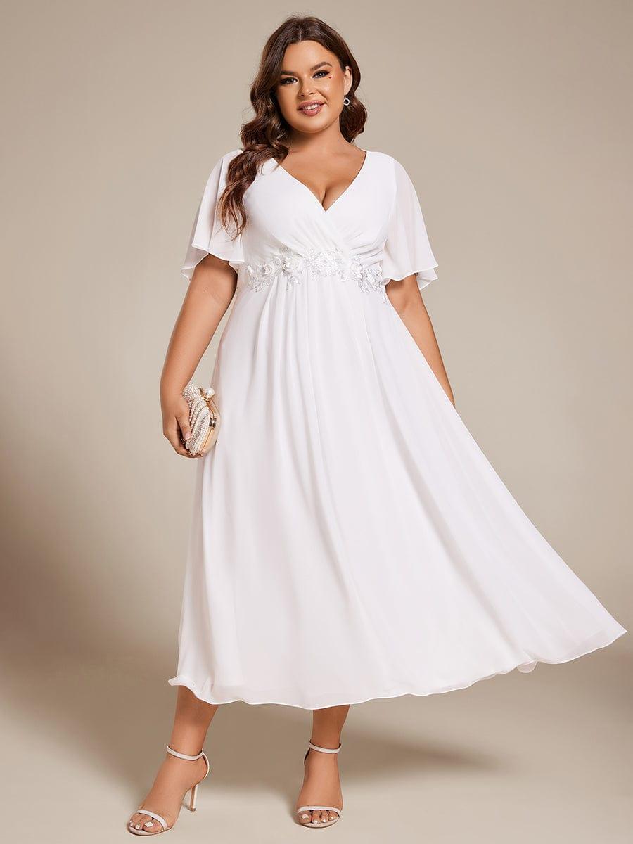 pretty DAHLIA|Plus Size V-Neck Chiffon Midi Wedding Guest Dress with Waist Applique(Final Sale)