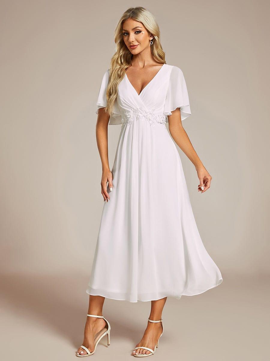 ever DAHLIA|V-Neck Chiffon Midi Wedding Guest Dress with Waist Applique(Final Sale)