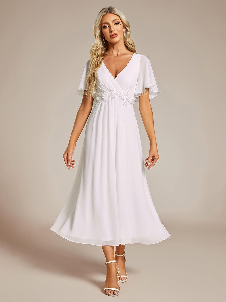 ever DAHLIA|V-Neck Chiffon Midi Wedding Dress with Waist Applique(Final Sale)