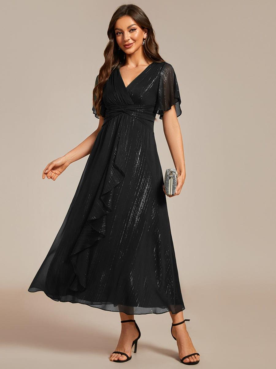 ever OPAHL|Glitter Short Sleeve A-Line Midi Wedding Guest Dress with Ruffled Hem
