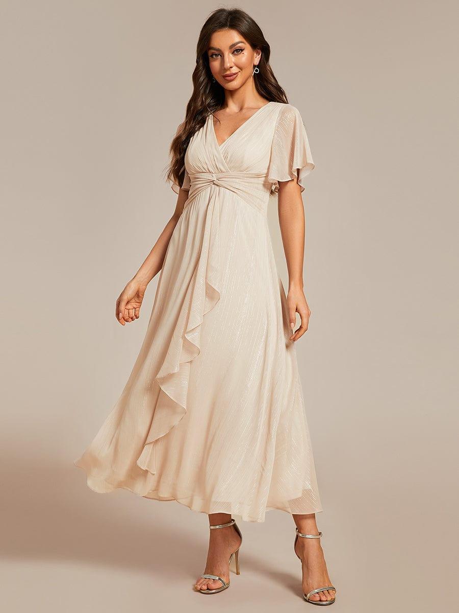 ever OPAHL|Glitter Short Sleeve A-Line Midi Wedding Guest Dress with Ruffled Hem