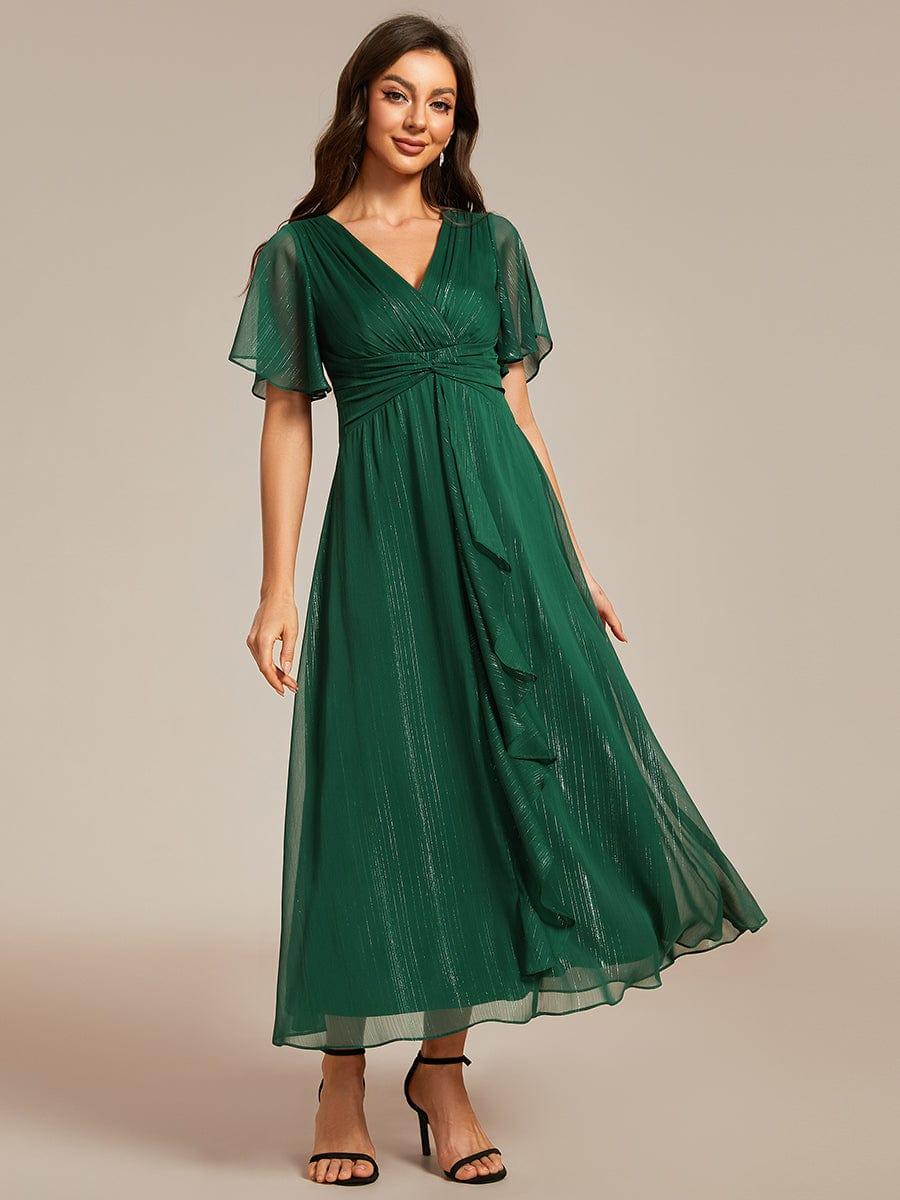 ever OPAHL|Glitter Short Sleeve A-Line Midi Wedding Guest Dress with Ruffled Hem