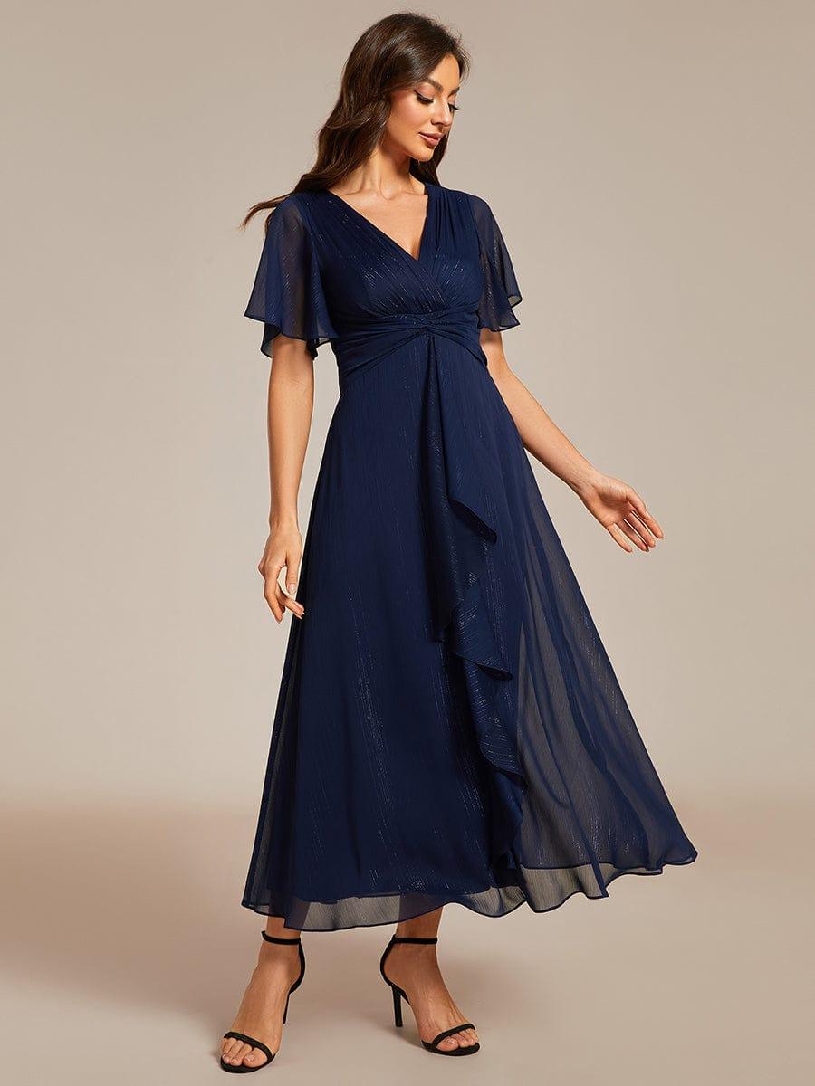 ever OPAHL|Glitter Short Sleeve A-Line Midi Wedding Guest Dress with Ruffled Hem