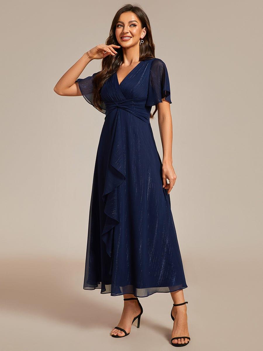 ever OPAHL|Glitter Short Sleeve A-Line Midi Wedding Guest Dress with Ruffled Hem