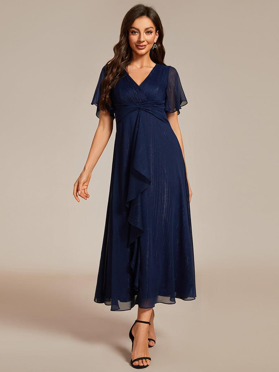 ever OPAHL|Glitter Short Sleeve A-Line Midi Wedding Guest Dress with Ruffled Hem