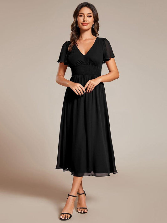 Midi V-Neck Empire Waist Ruffle Sleeves Wedding Guest Dress(Final Sale)