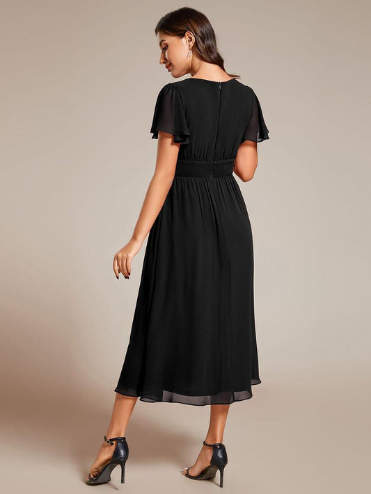 Midi V-Neck Empire Waist Ruffle Sleeves Wedding Guest Dress(Final Sale)