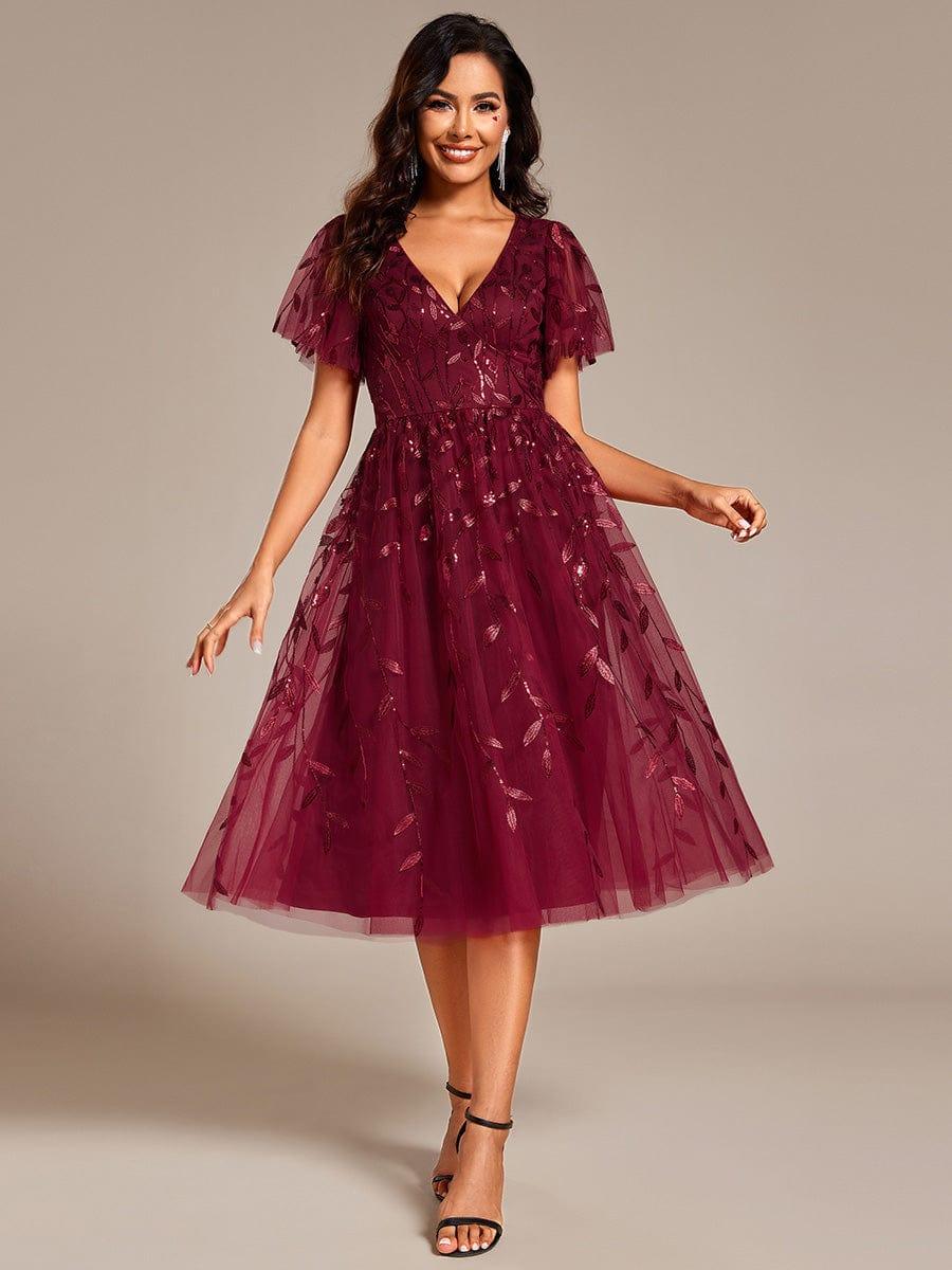 ever SIMONE|Leaf Sequin Short Sleeve Tulle Midi Wedding Guest Dress(Final Sale)