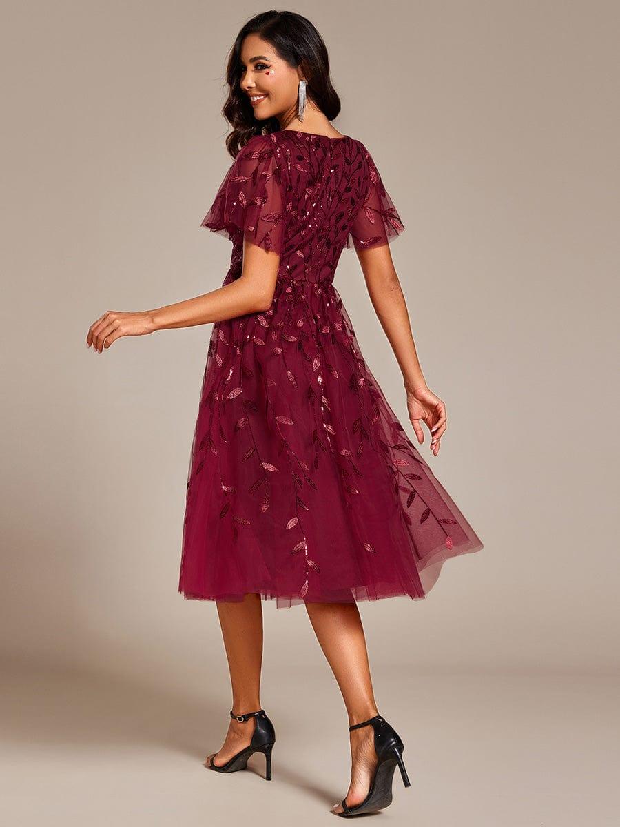 ever SIMONE|Leaf Sequin Short Sleeve Tulle Midi Wedding Guest Dress(Final Sale)