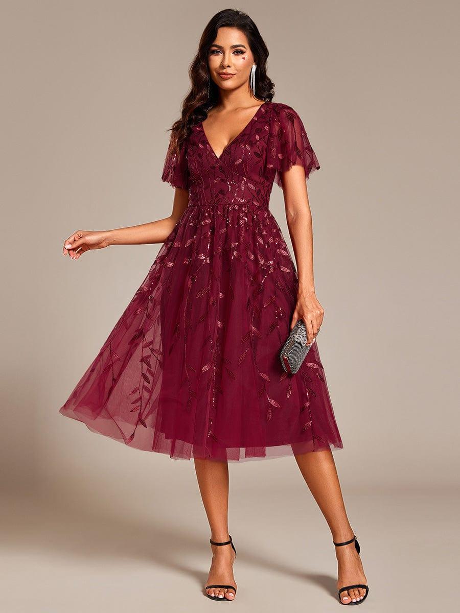 ever SIMONE|Leaf Sequin Short Sleeve Tulle Midi Wedding Guest Dress(Final Sale)