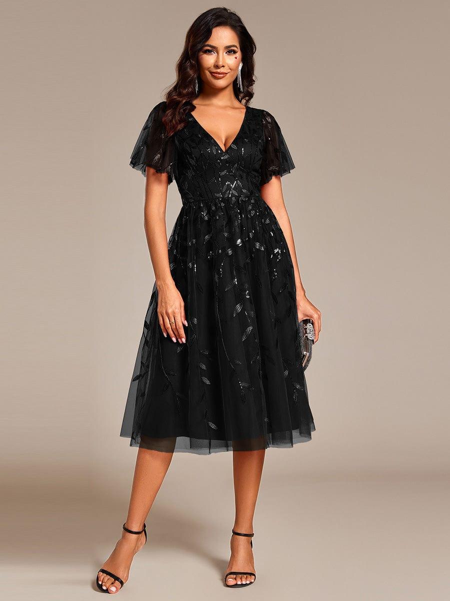 ever SIMONE|Leaf Sequin Short Sleeve Tulle Midi Wedding Guest Dress(Final Sale)