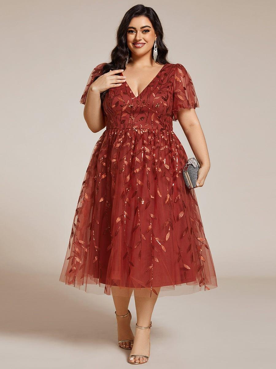 ever SIMONE|Leaf Sequin Short Sleeve Tulle Midi Wedding Guest Dress(Final Sale)