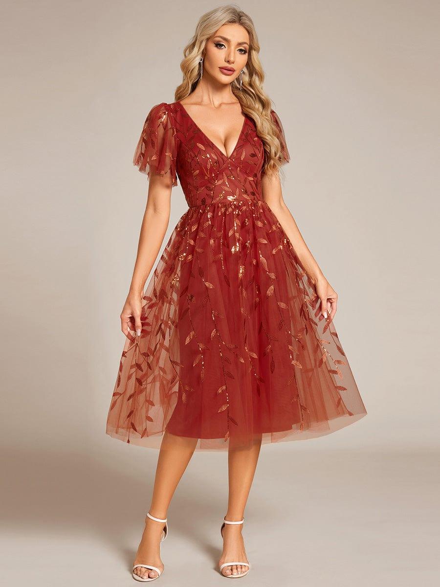 ever SIMONE|Leaf Sequin Short Sleeve Tulle Midi Wedding Guest Dress(Final Sale)
