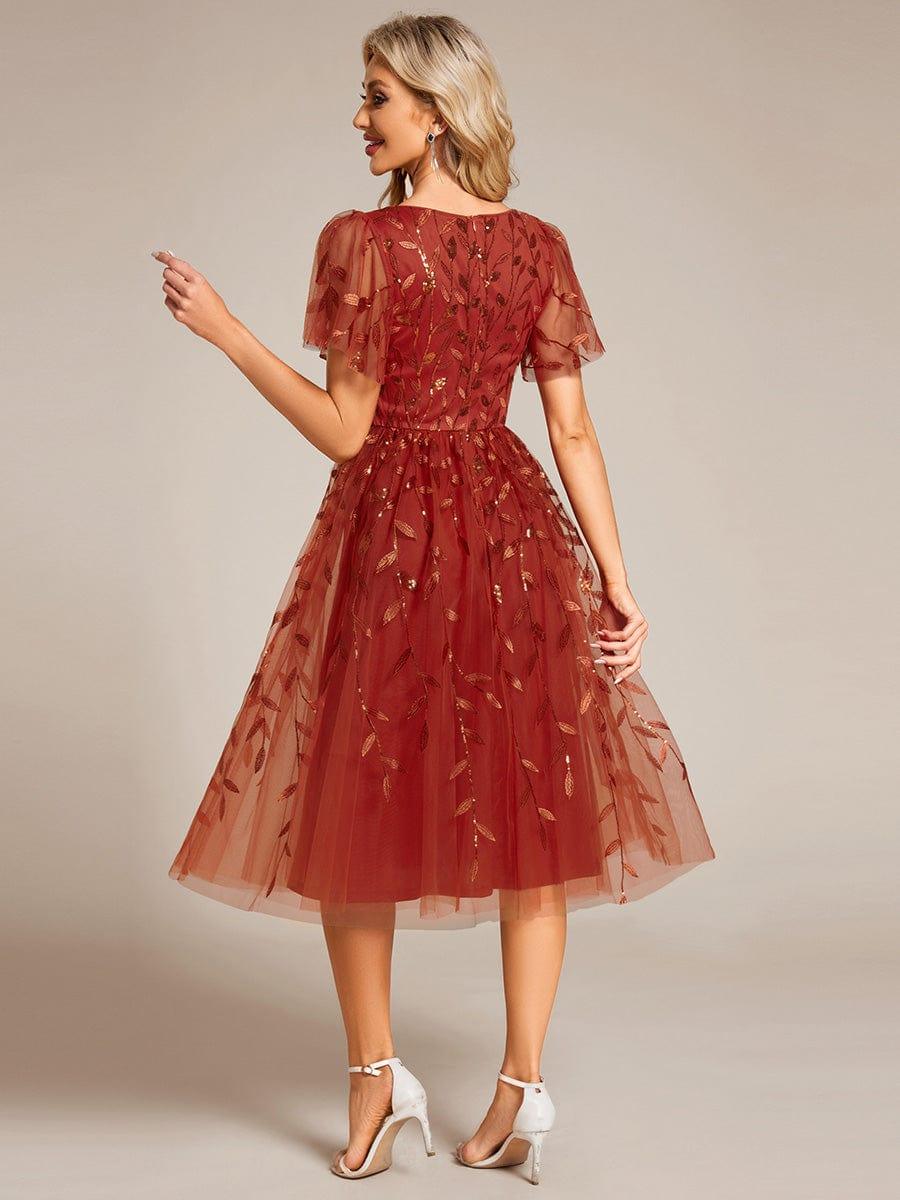ever SIMONE|Leaf Sequin Short Sleeve Tulle Midi Wedding Guest Dress(Final Sale)