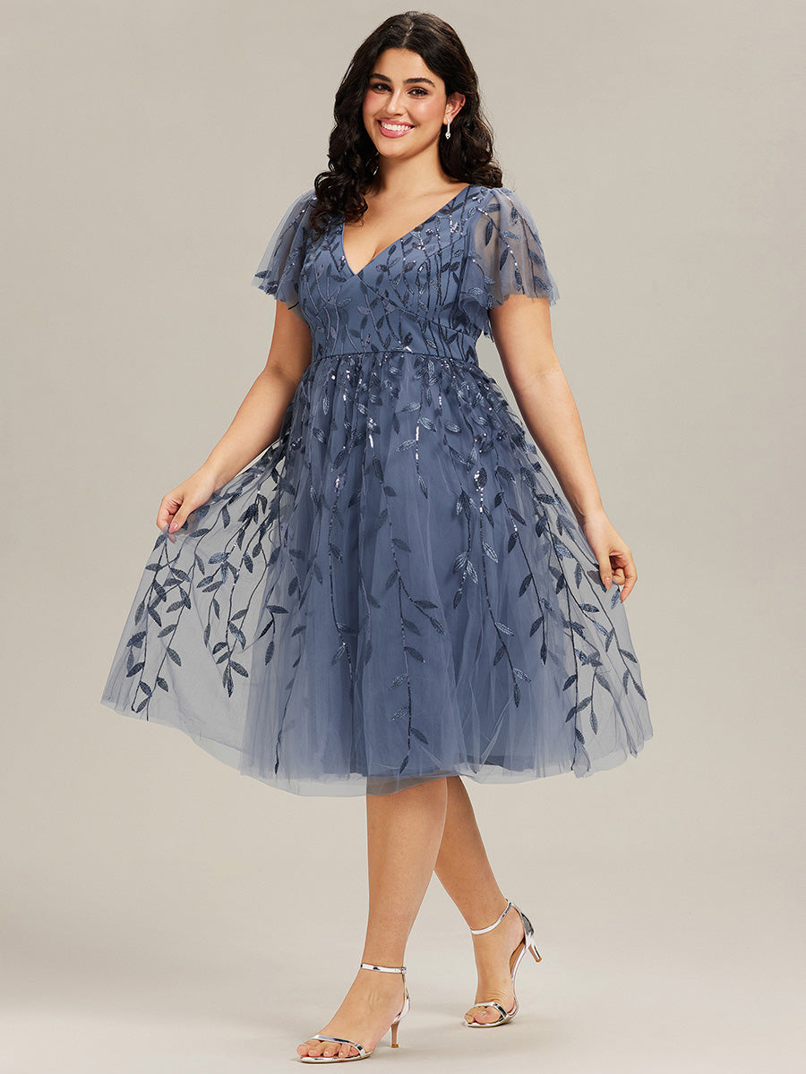 ever SIMONE|Leaf Sequin Short Sleeve Tulle Midi Wedding Guest Dress(Final Sale)