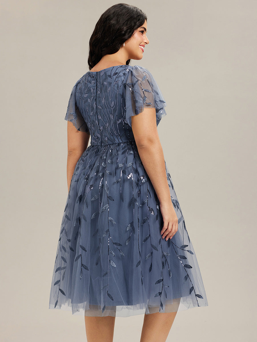 ever SIMONE|Leaf Sequin Short Sleeve Tulle Midi Wedding Guest Dress(Final Sale)