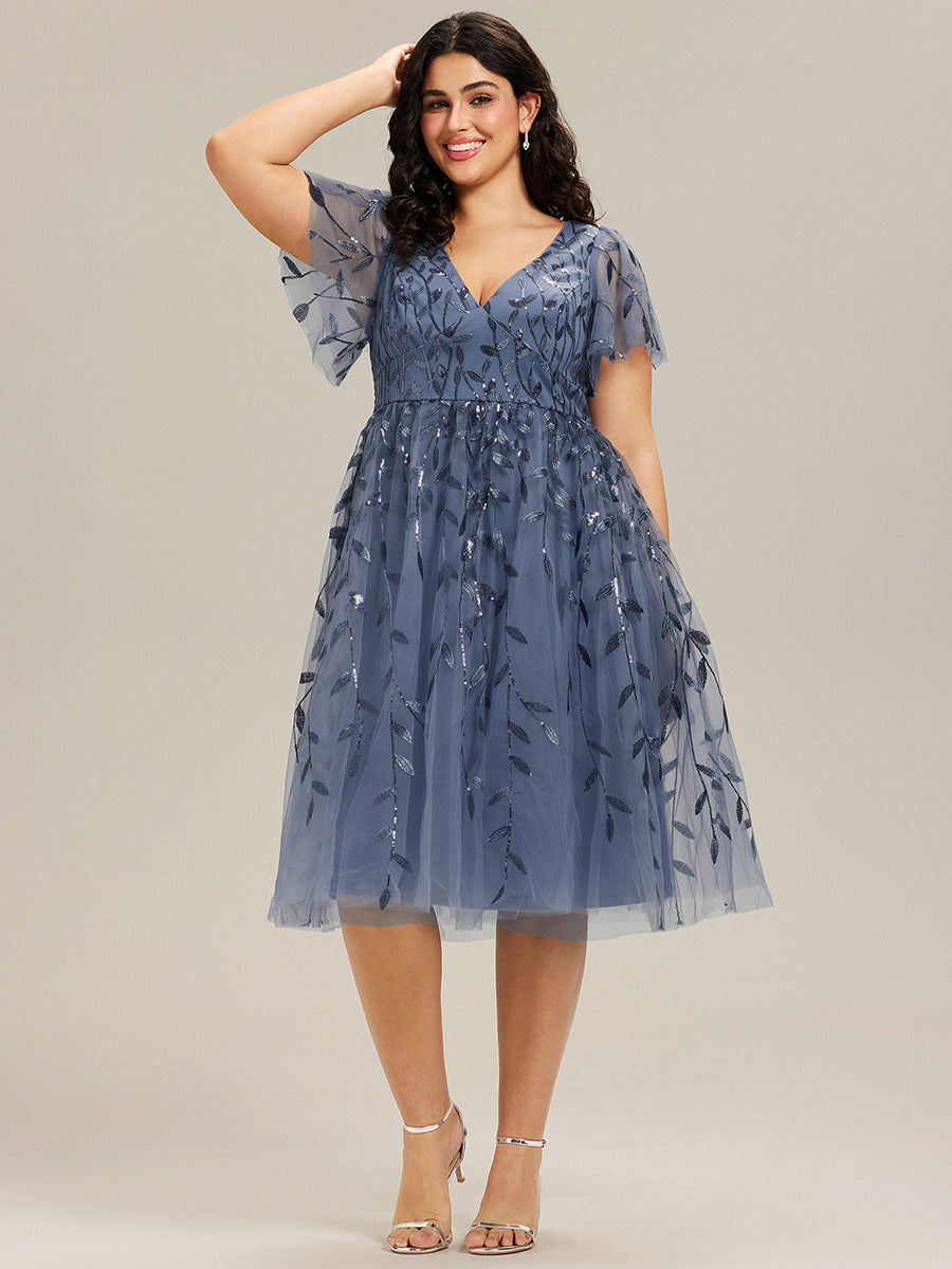 ever SIMONE|Leaf Sequin Short Sleeve Tulle Midi Wedding Guest Dress(Final Sale)