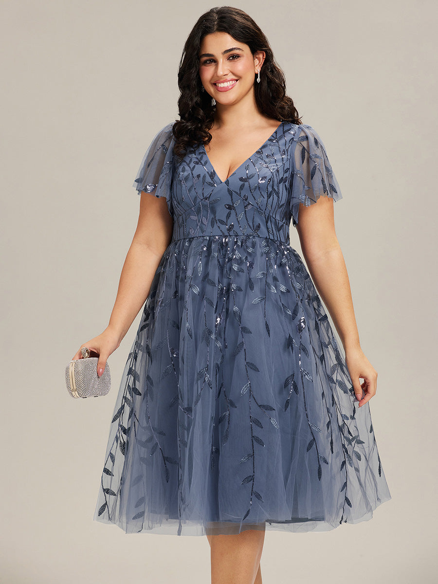 ever SIMONE|Leaf Sequin Short Sleeve Tulle Midi Wedding Guest Dress(Final Sale)