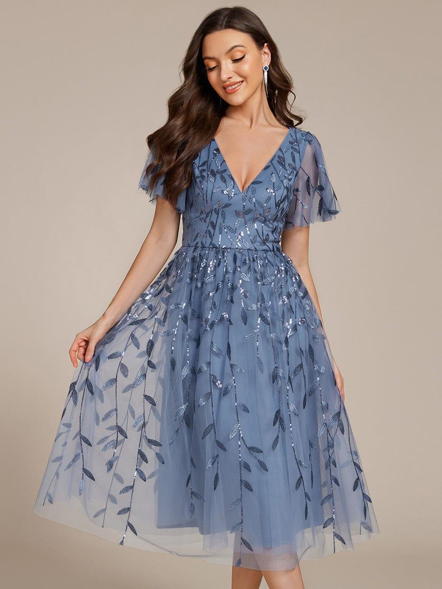 ever SIMONE|Leaf Sequin Short Sleeve Tulle Midi Wedding Guest Dress(Final Sale)
