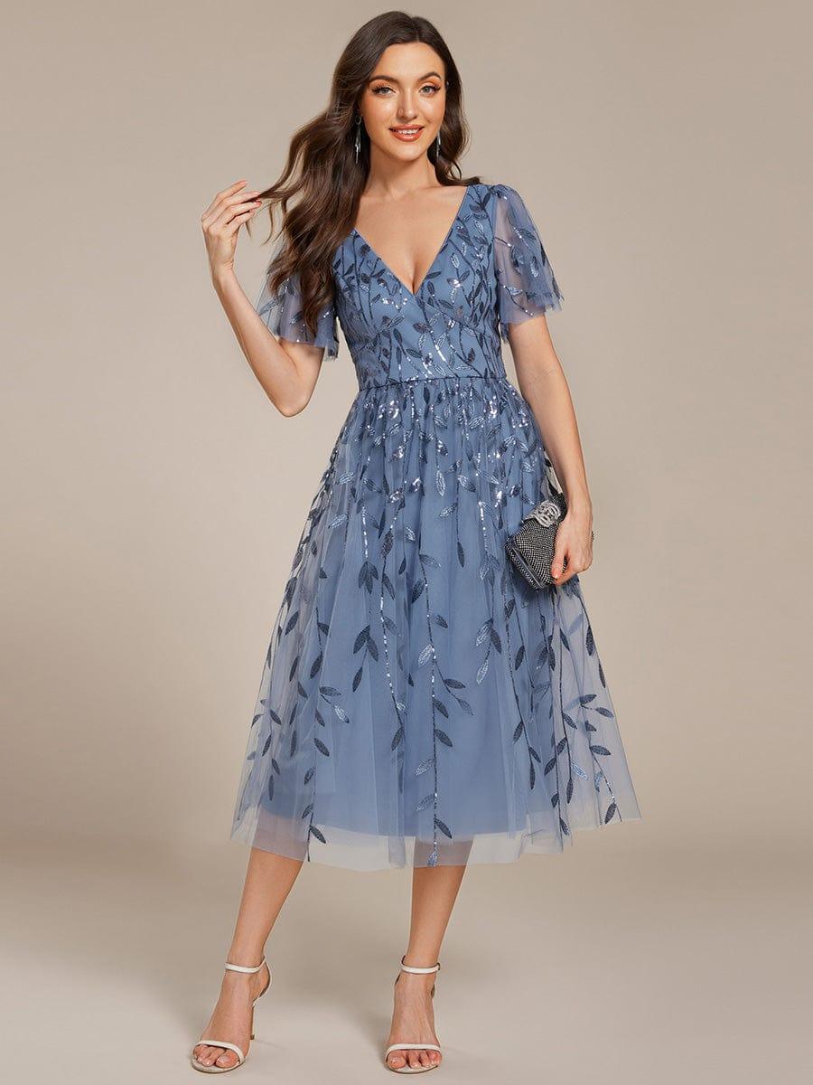 ever SIMONE|Leaf Sequin Short Sleeve Tulle Midi Wedding Guest Dress(Final Sale)