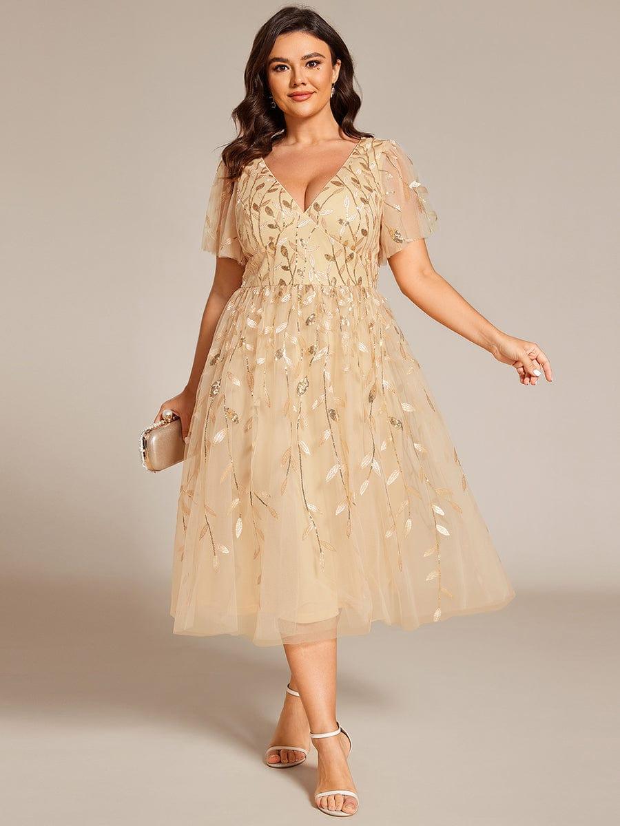 ever SIMONE|Leaf Sequin Short Sleeve Tulle Midi Wedding Guest Dress(Final Sale)