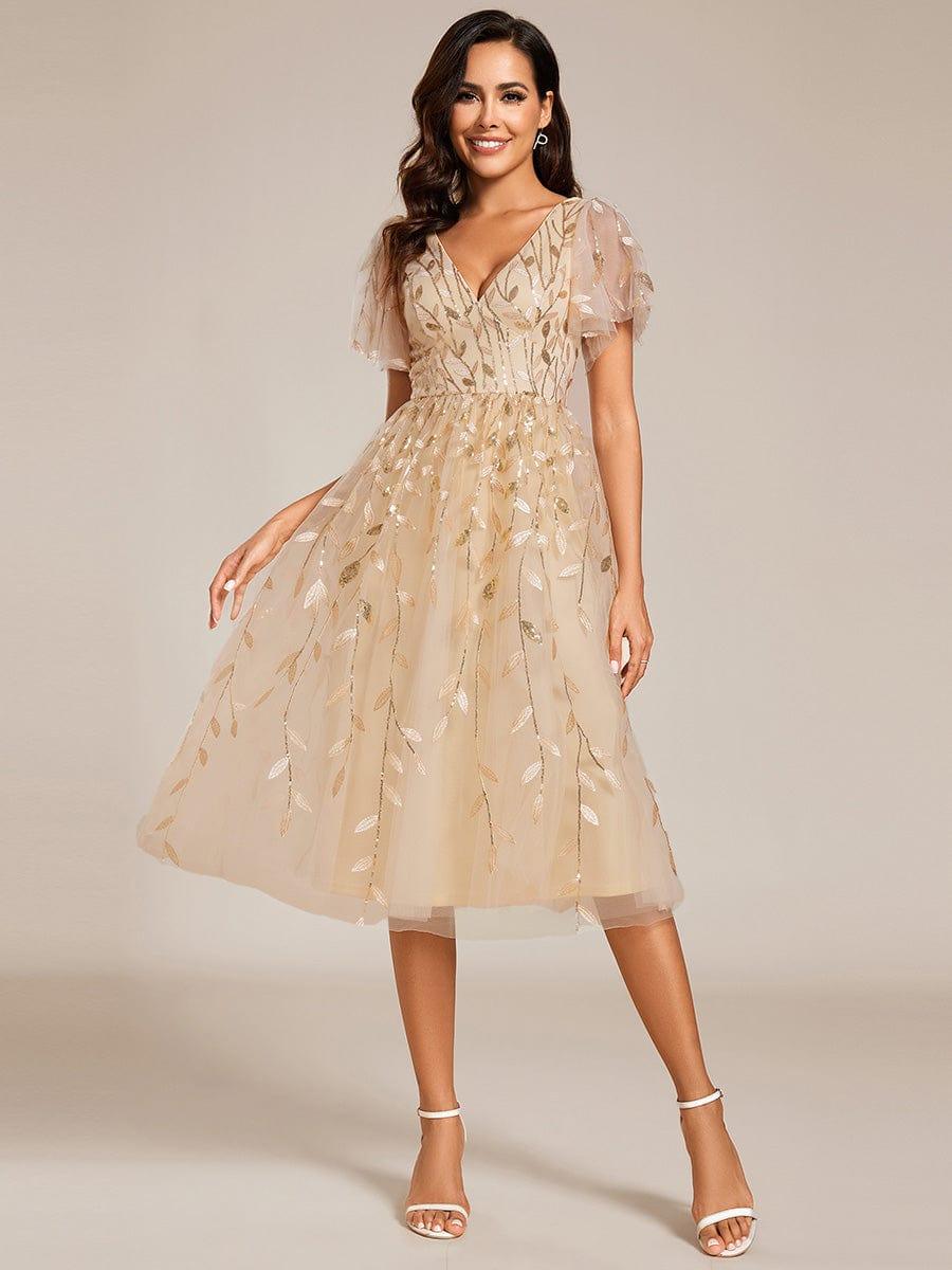 ever SIMONE|Leaf Sequin Short Sleeve Tulle Midi Wedding Guest Dress(Final Sale)