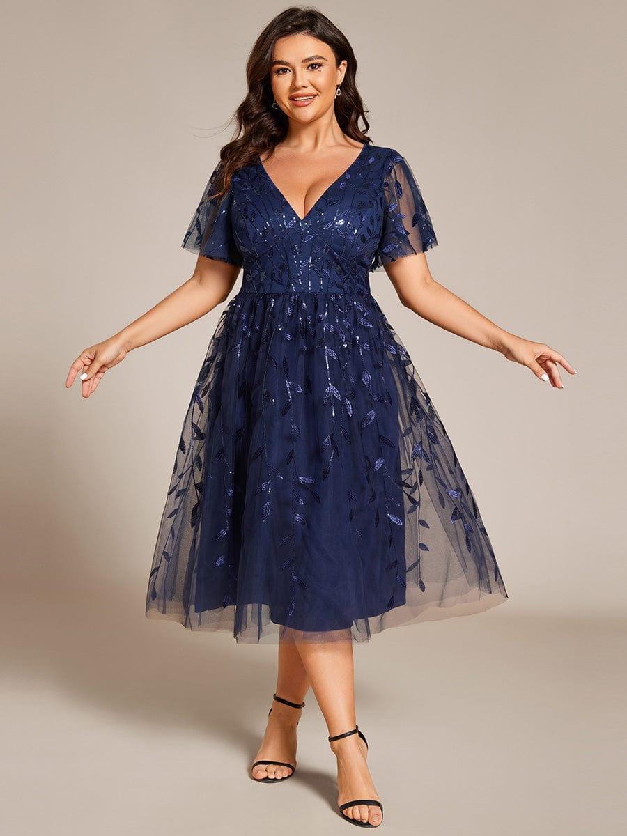 ever SIMONE|Leaf Sequin Short Sleeve Tulle Midi Wedding Guest Dress(Final Sale)