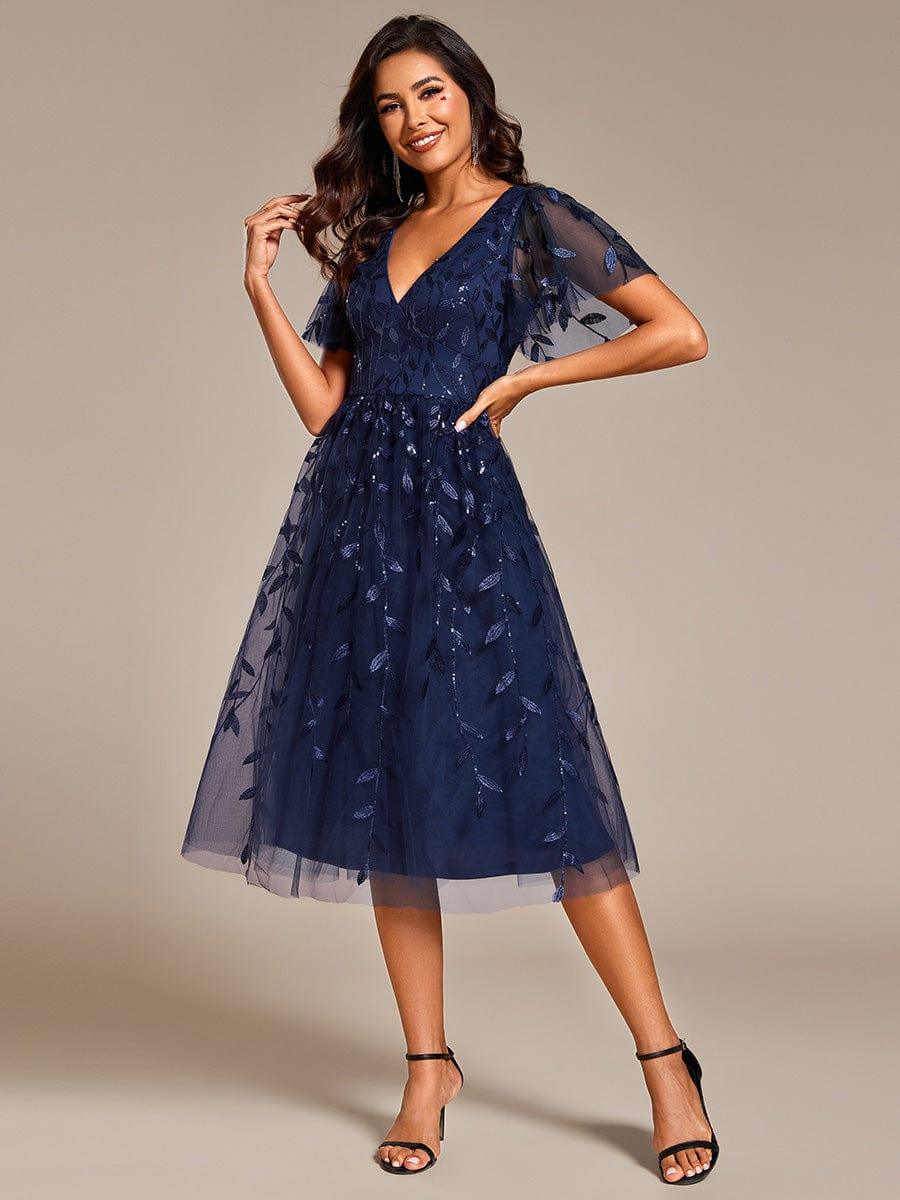 ever SIMONE|Leaf Sequin Short Sleeve Tulle Midi Wedding Guest Dress(Final Sale)