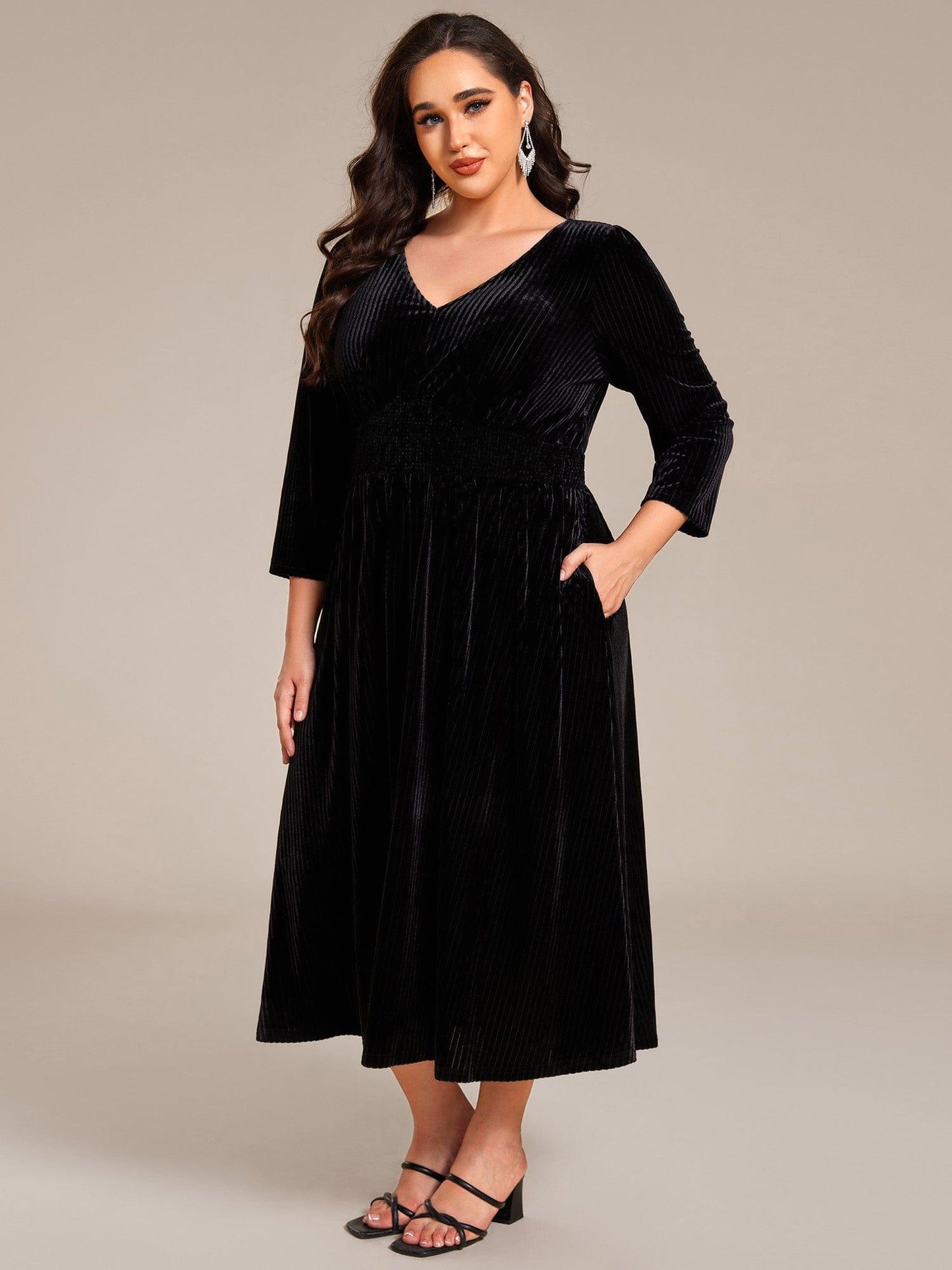 ever ARLET|V-neck Long Sleeve Velvet A-Line Midi Wedding Guest Dress