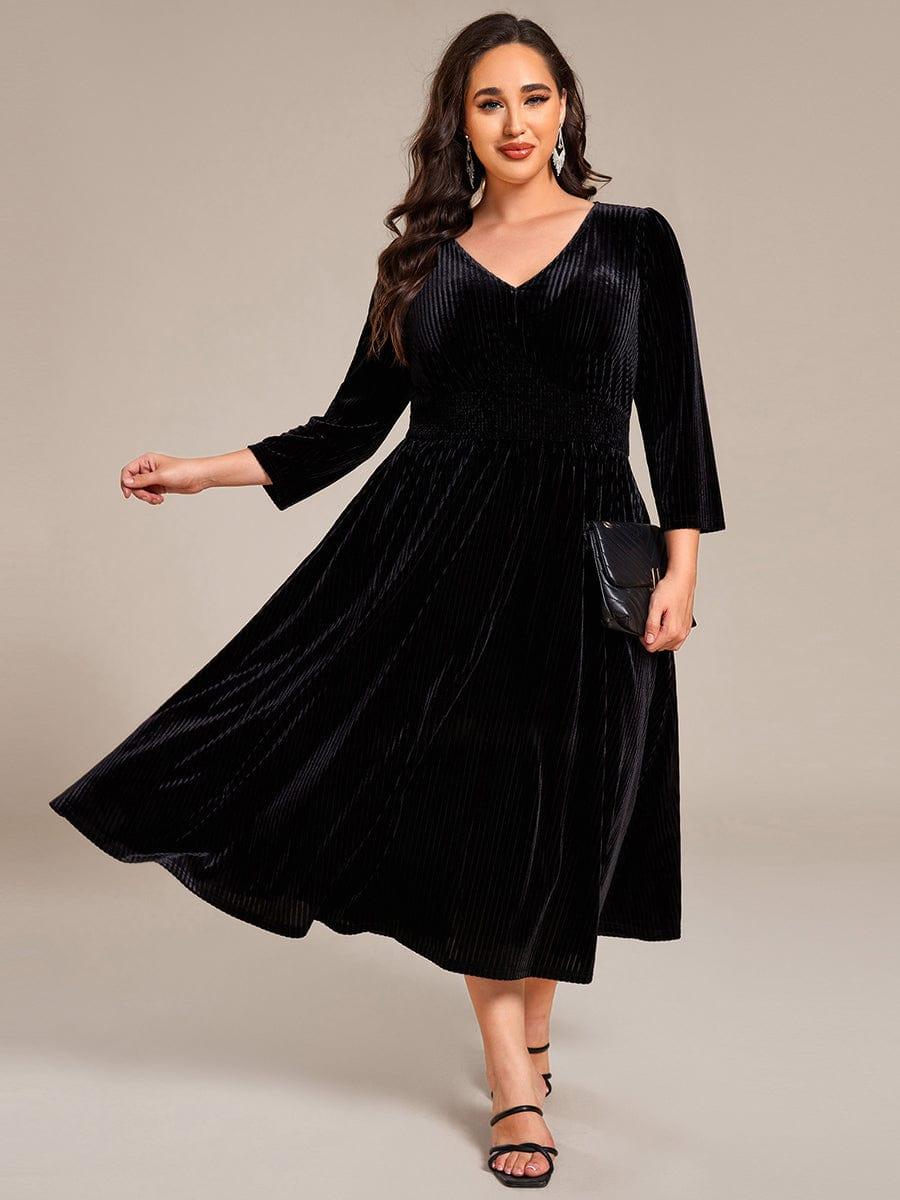 ever ARLET|V-neck Long Sleeve Velvet A-Line Midi Wedding Guest Dress