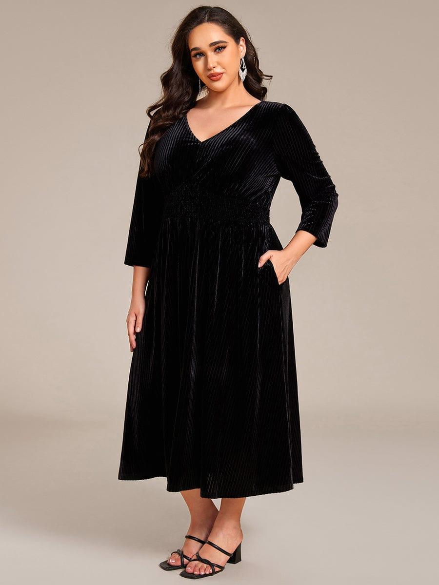 ever ARLET|V-neck Long Sleeve Velvet A-Line Midi Wedding Guest Dress