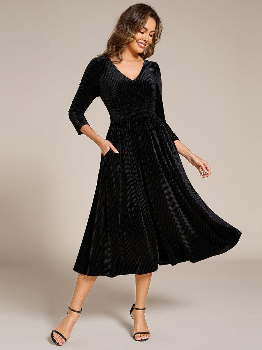 ever ARLET|V-neck Long Sleeve Velvet A-Line Midi Wedding Guest Dress