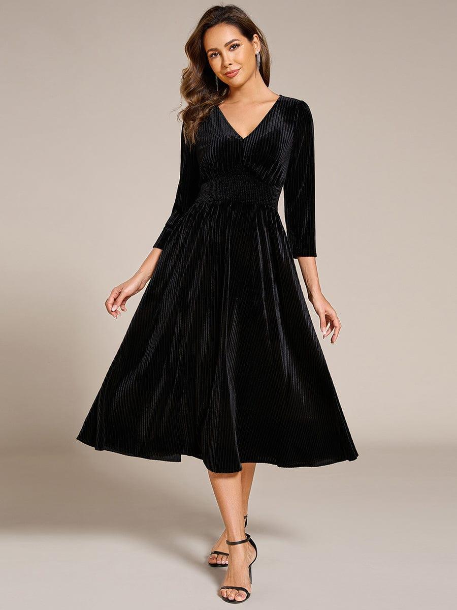 ever ARLET|V-neck Long Sleeve Velvet A-Line Midi Wedding Guest Dress