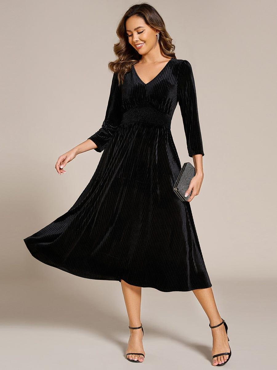 ever ARLET|V-neck Long Sleeve Velvet A-Line Midi Wedding Guest Dress
