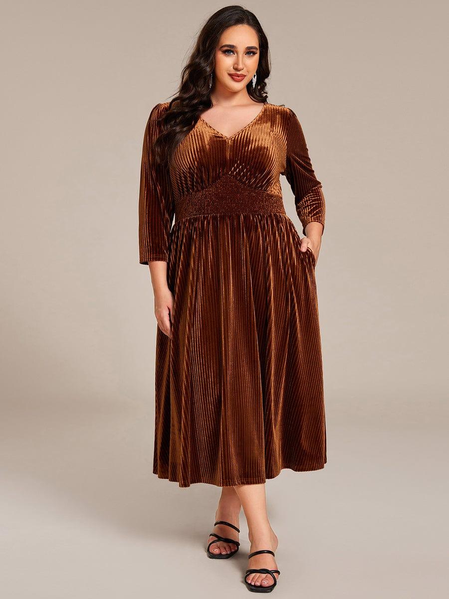 ever ARLET|V-neck Long Sleeve Velvet A-Line Midi Wedding Guest Dress