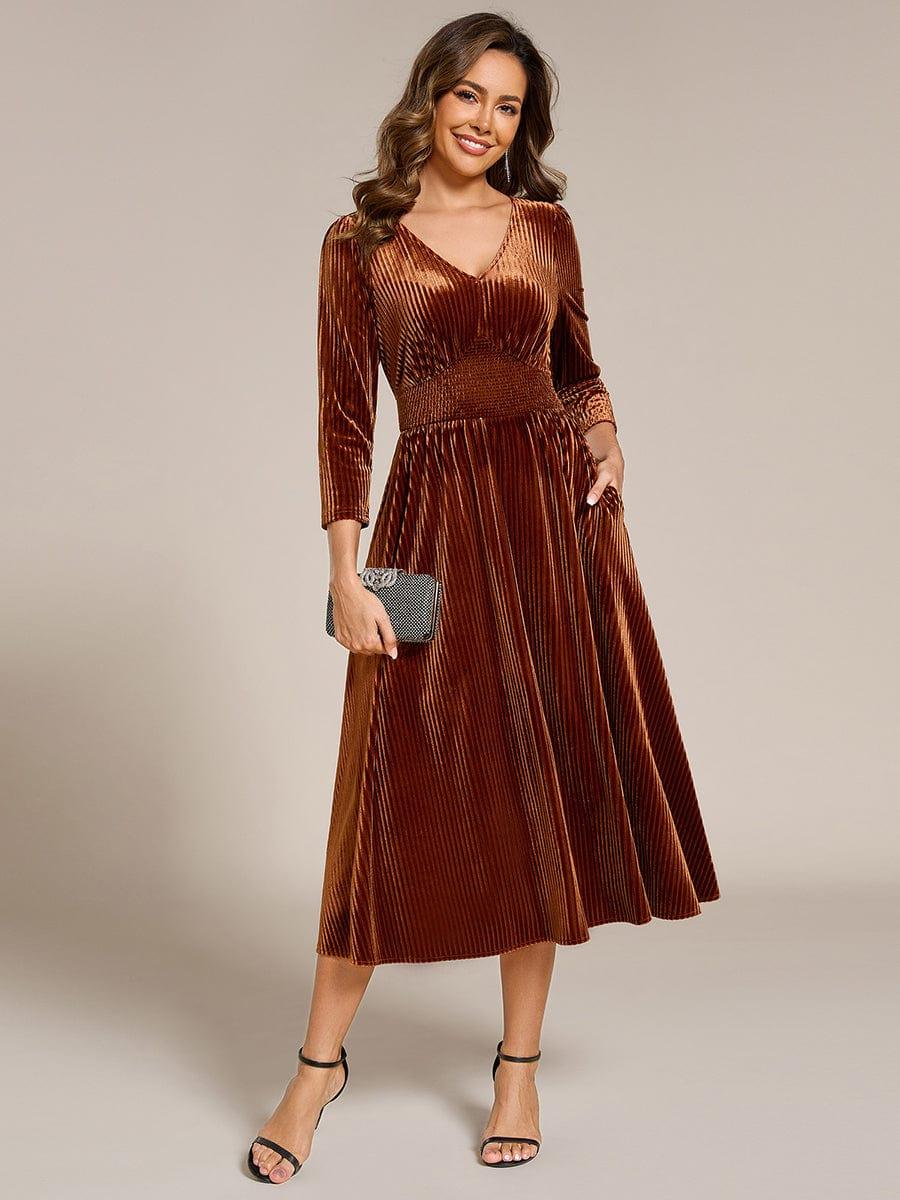 ever ARLET|V-neck Long Sleeve Velvet A-Line Midi Wedding Guest Dress