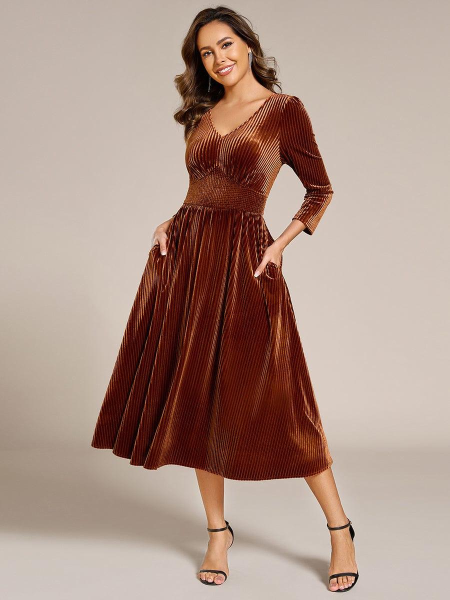 ever ARLET|V-neck Long Sleeve Velvet A-Line Midi Wedding Guest Dress