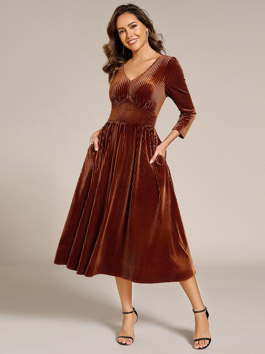 ever ARLET|V-neck Long Sleeve Velvet A-Line Midi Wedding Guest Dress