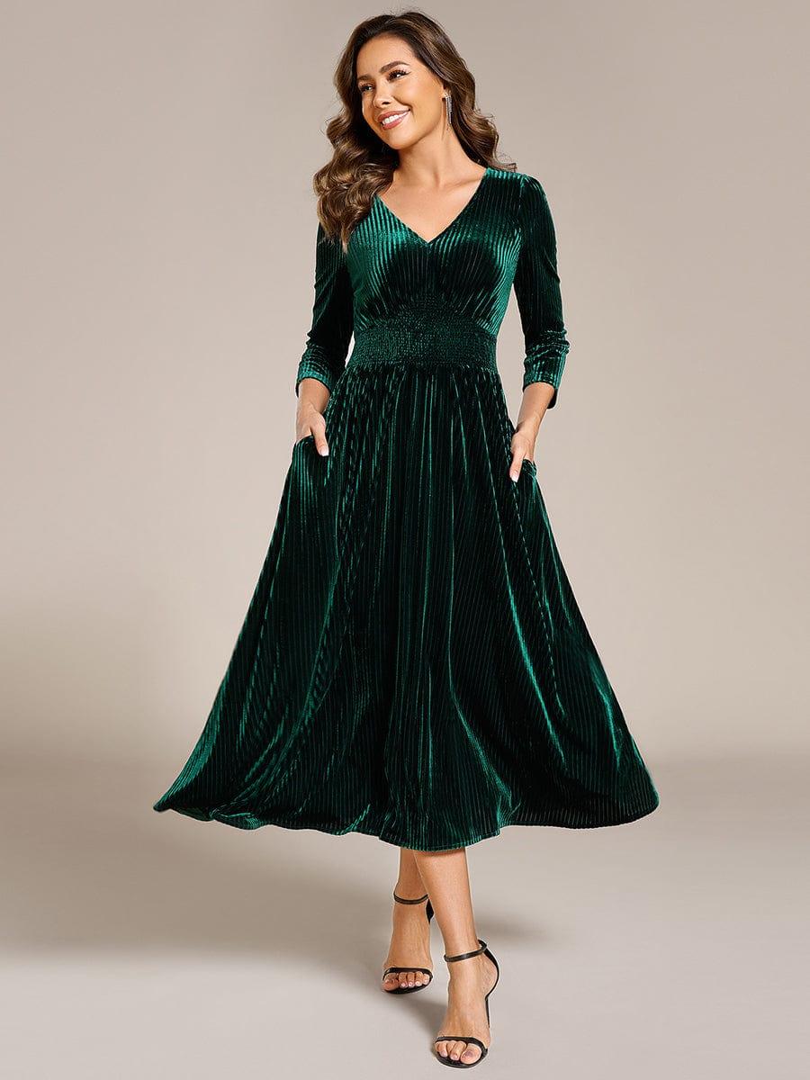 ever ARLET|V-neck Long Sleeve Velvet A-Line Midi Wedding Guest Dress